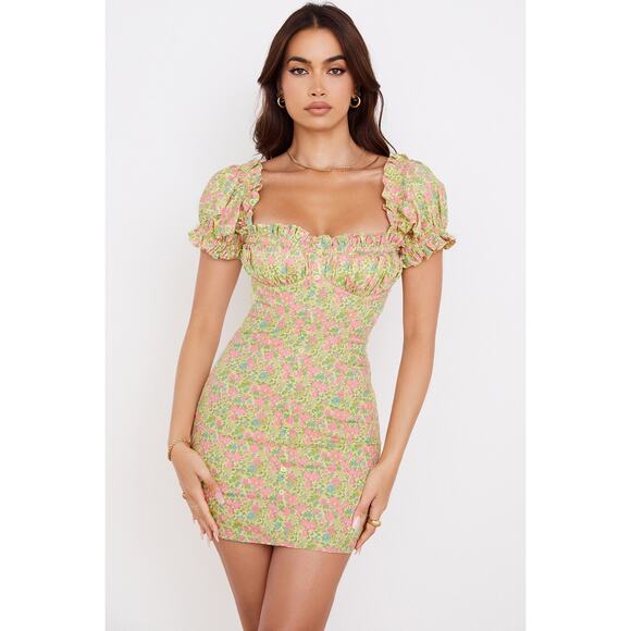 House of CB Tanaya Vintage Floral Puff Sleeve Mini Dress Size S Small - Picture 2 of 10